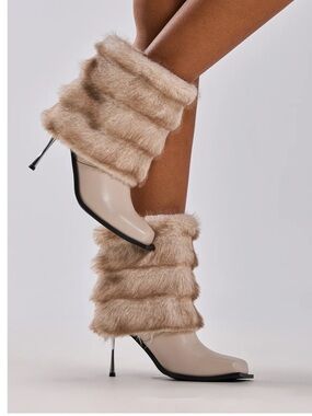 Faux Fur Trim Beige Stiletto Ankle Boots